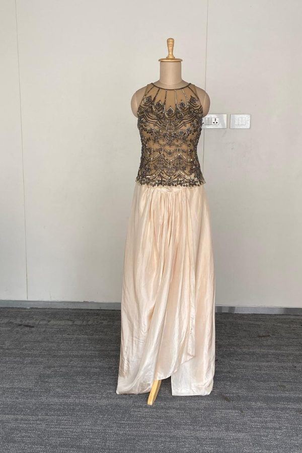 Jade By Monica & Karishma Champagne Embellished top with flowing skirt