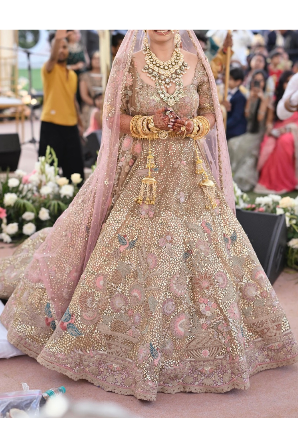 Rimple & harpreet Gold and pink embroidered lehenga