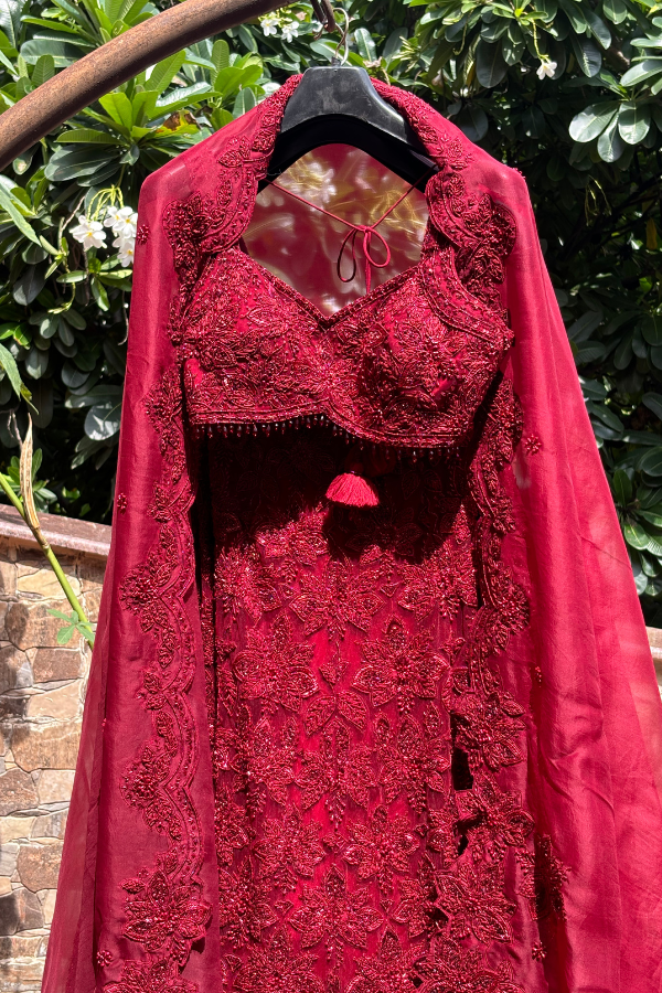 Sana Barreja Marsala Red Net Hand Embroidered Lehenga Set