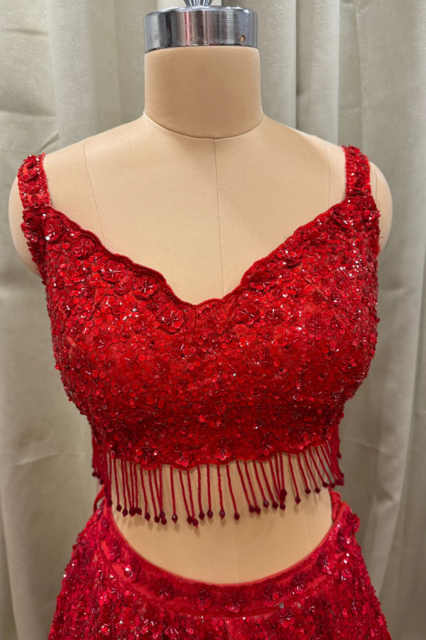 red sequin lehenga