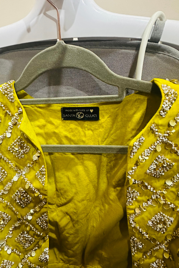 Sanya gulati Mustard Yellow Embroidered Jacket Lehenga Set