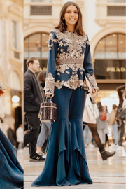 SANYA GULATI Blue Peplum Jacket Flared Pants Set