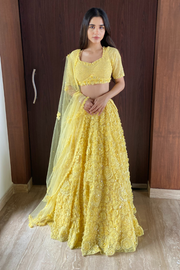 Seema Gujral Three-Dimensional Yellow Floral Lehenga Set