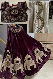 Gazal Gupta velvet wine embroidered lehenga set