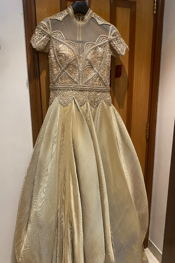 SHANTNU & NIKHIL Pleated Embroidered Draped Gown