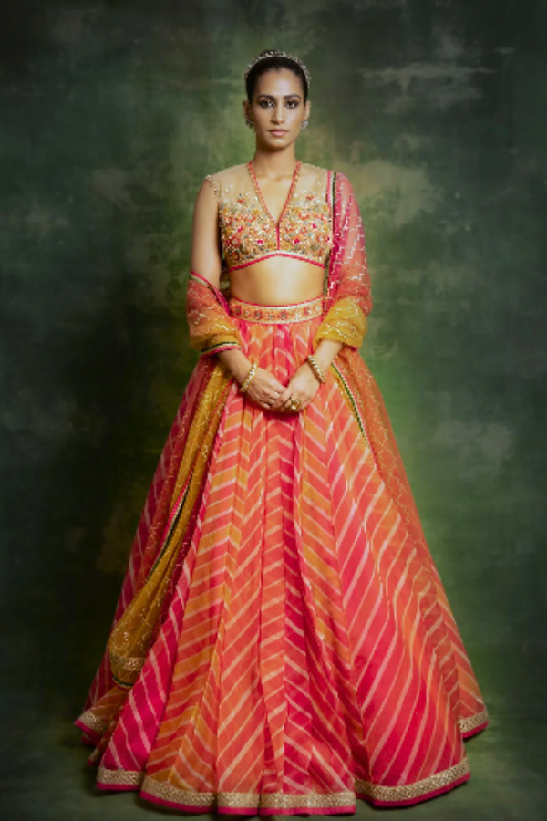 Cedar & Pine leheriya printed organza lehenga