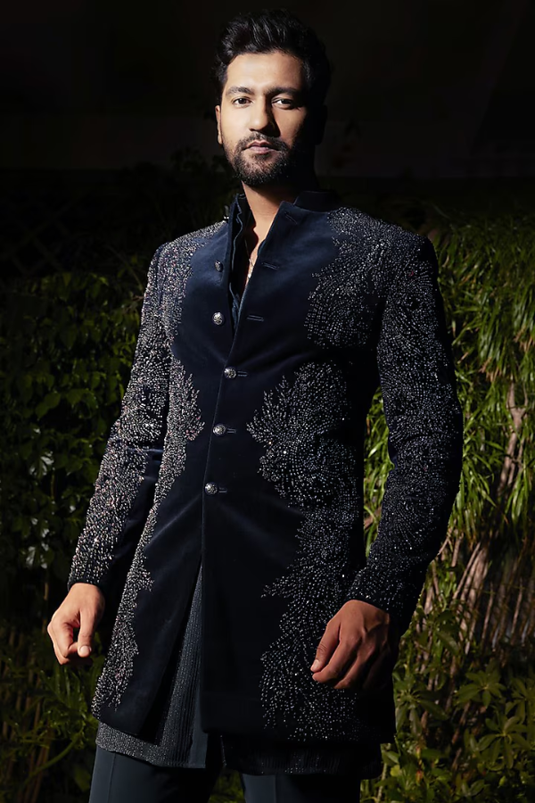 Rohit Gandhi Rahul Khanna Imperial Teal Velvet Embroidered Sherwani