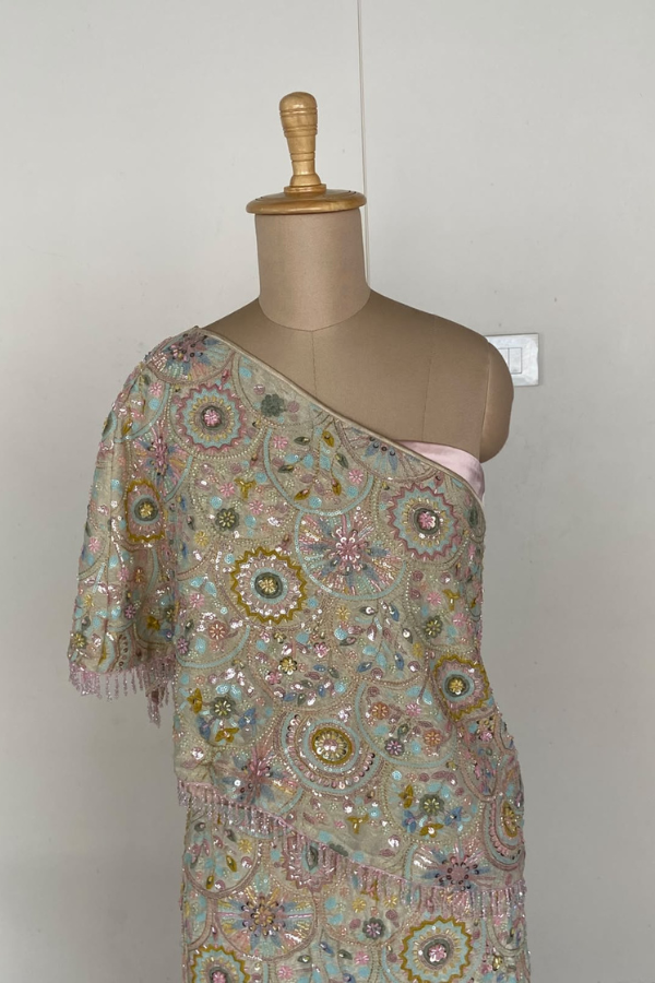 Pastel Multicolor embroidered skirt  with cape