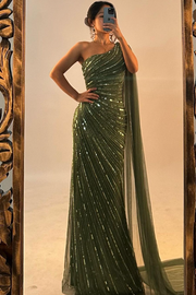 Green Embellished One Shoulder Gown with train