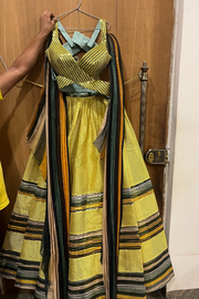 AMIT AGGARWAL Yellow Striped Gathered Lehenga Set