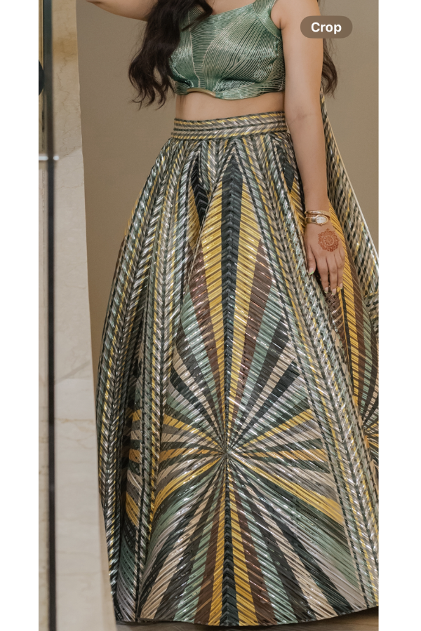 Amit Aggarwal Green Striped Metallic Lehenga Set