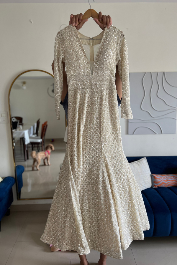 SEEMA GUJRAL IVORY FISH CUT GOWN