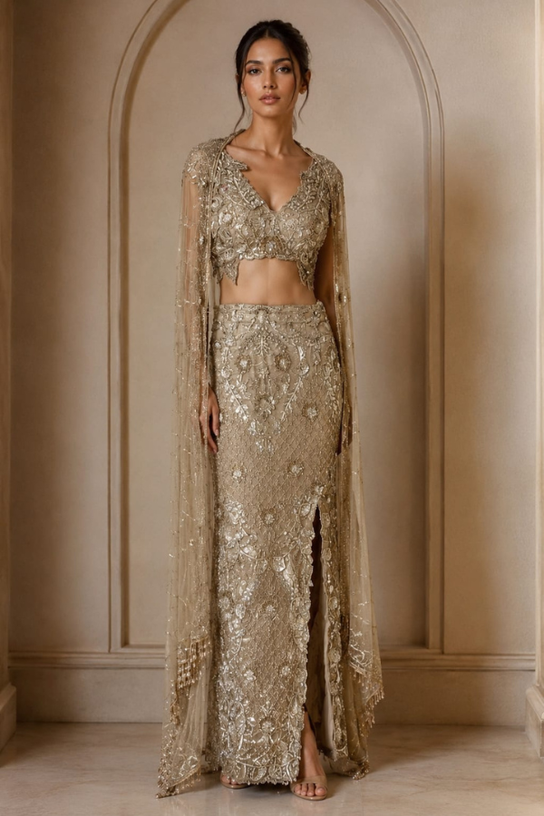 Metallic Silver Slit Skirt set