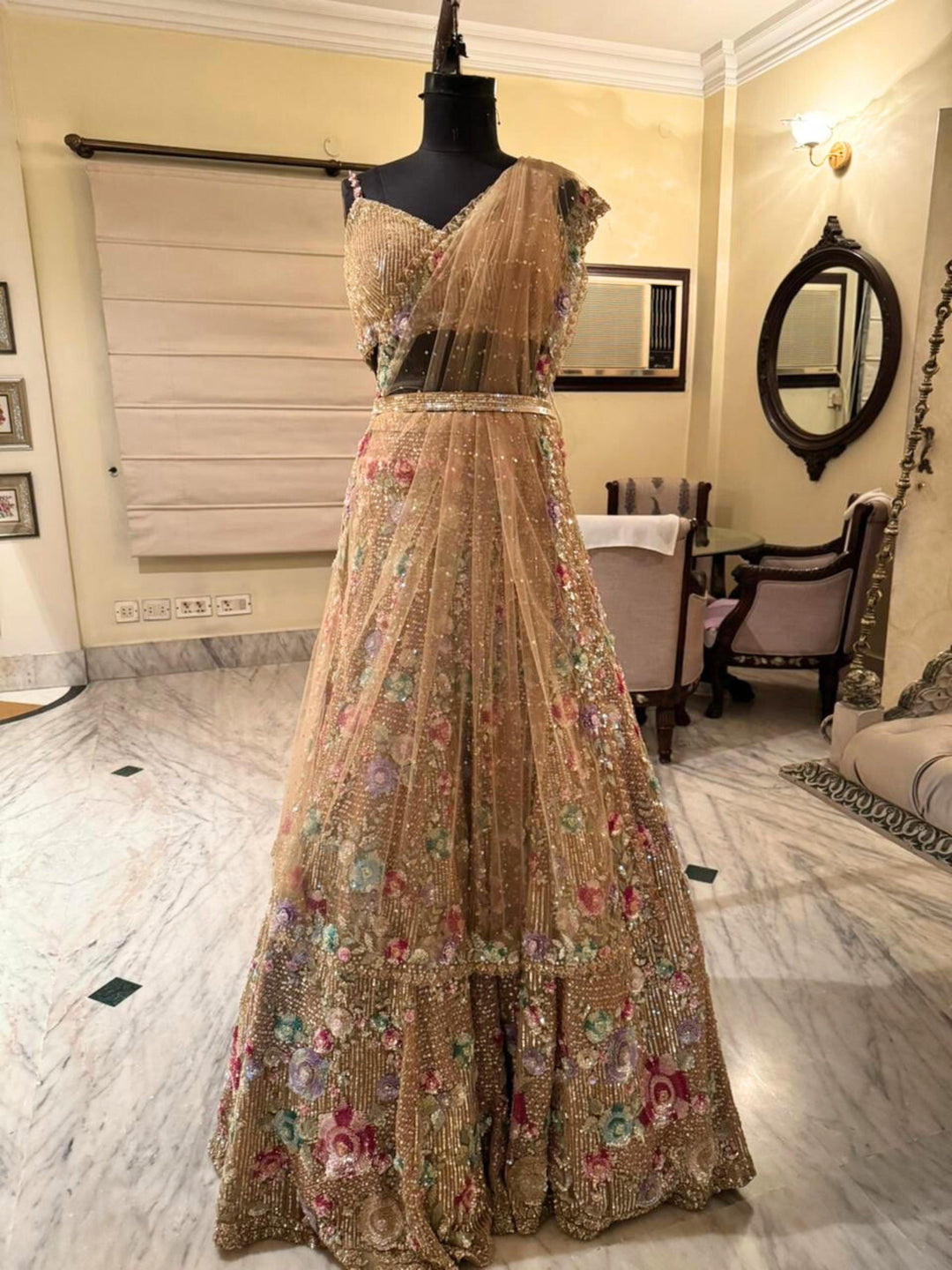Seema Gujral Gold Floral Embroidered Lehenga Set