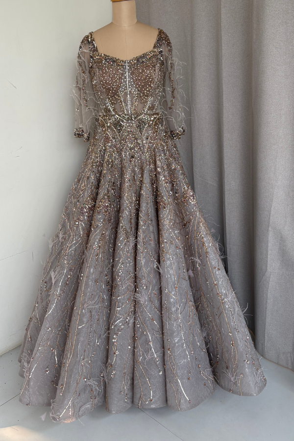 Embellished Grey Feather Gown