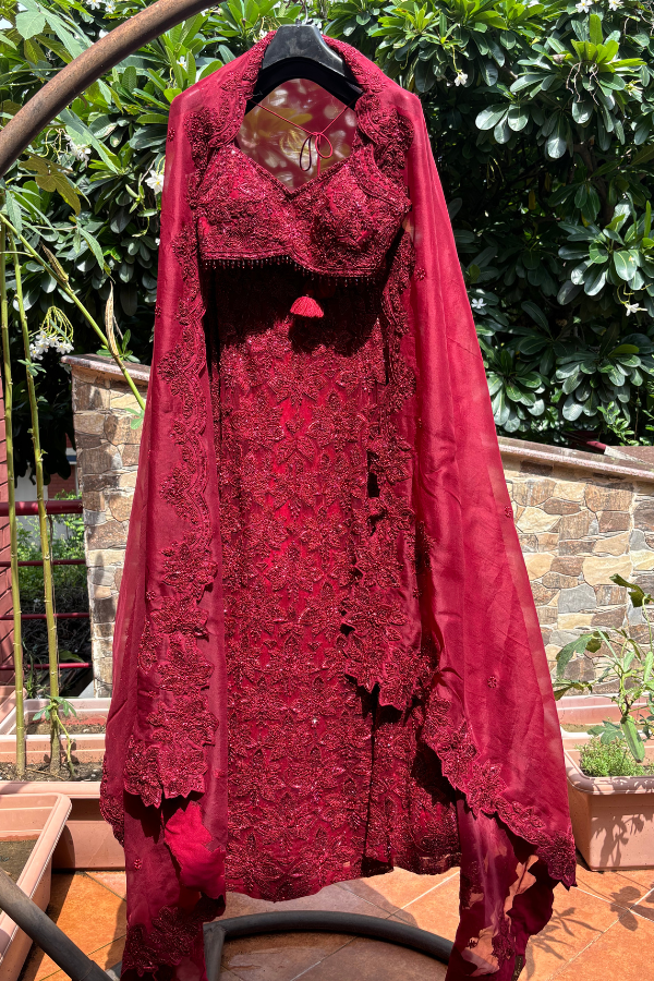 Sana Barreja Marsala Red Net Hand Embroidered Lehenga Set