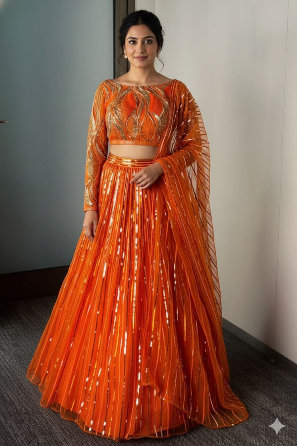 Neon Orange Tulle lehenga set