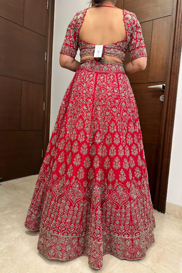 MRUNALINI RAO Cadmium Red Embroidered Lehenga Set