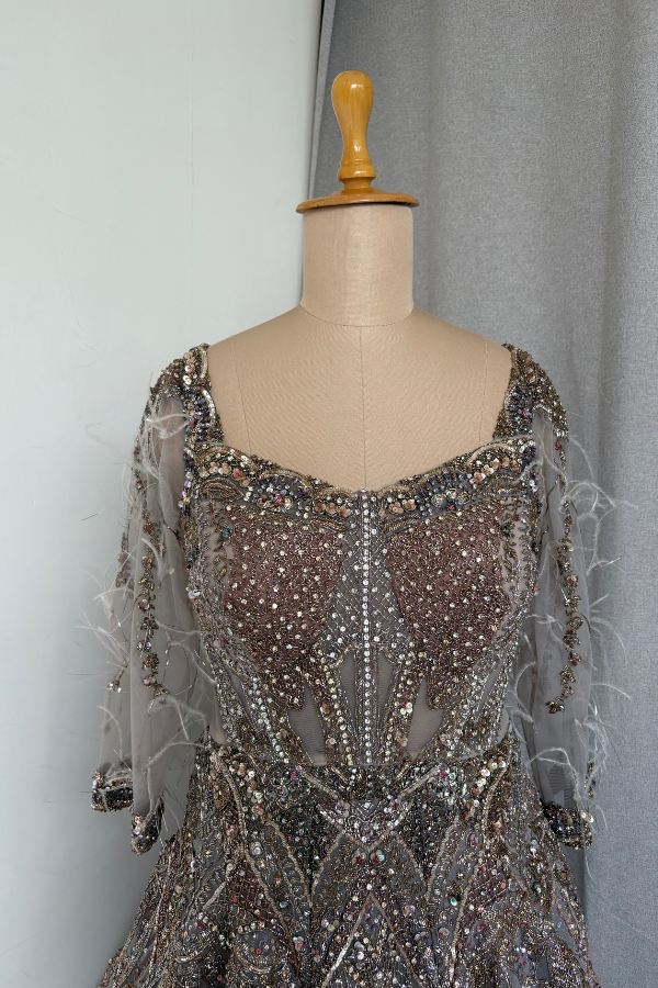 Embellished Grey Feather Gown