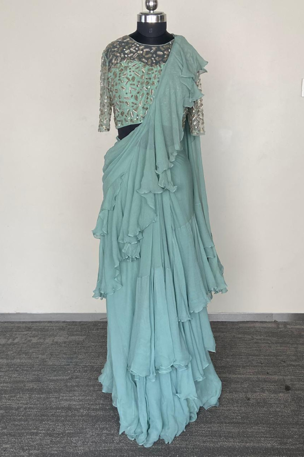 Teal green Ruffle Saree set