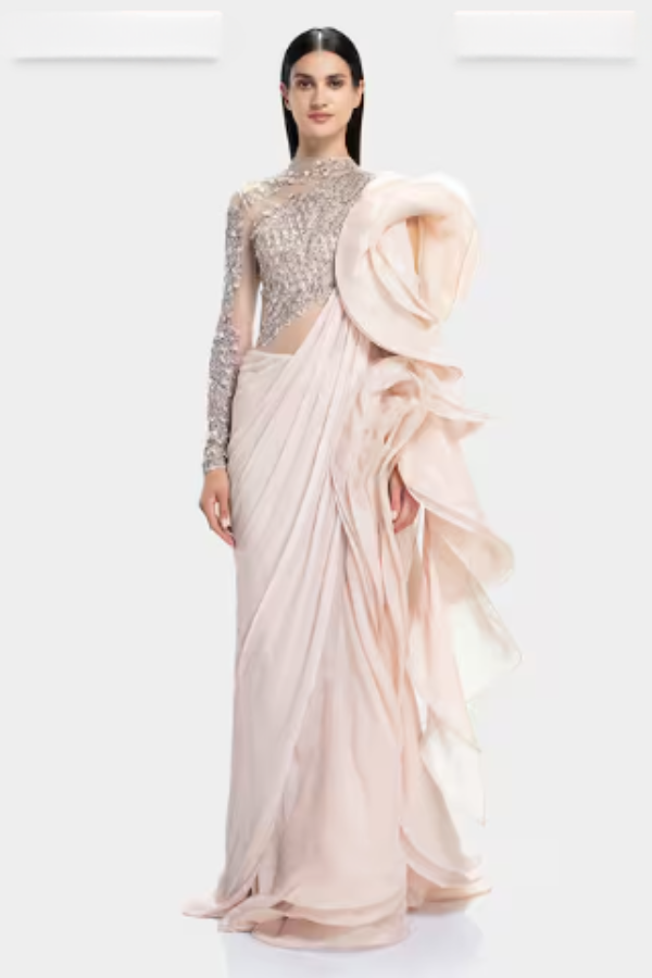 Gaurav Gupta Pink Embroidered Ruffle Saree Gown