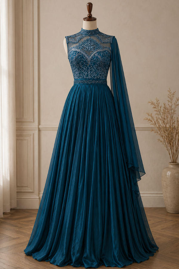 Shantnu Nikhil Blue Satin Embroidered Gown