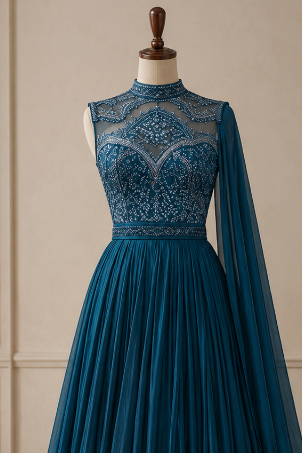 Shantnu Nikhil Blue Satin Embroidered Gown