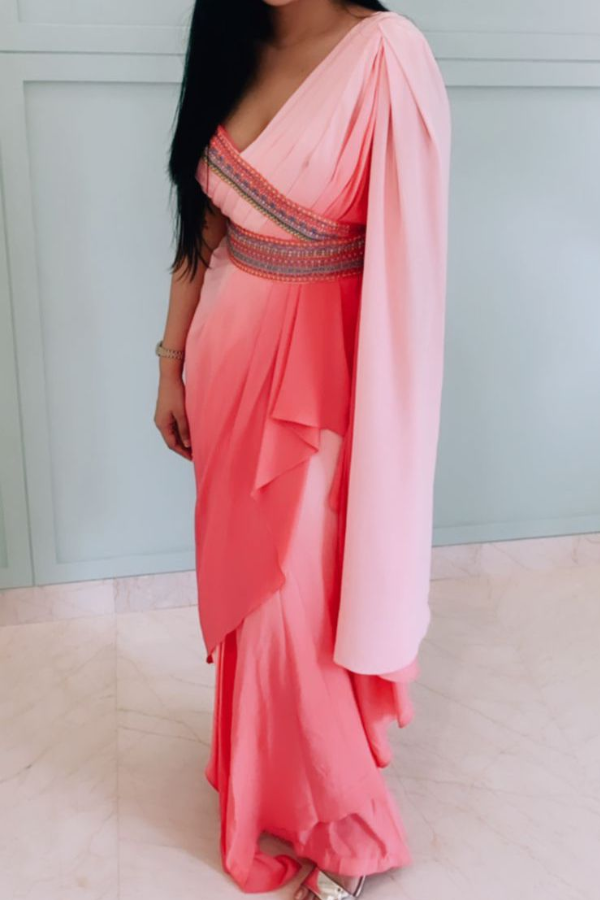 Shantanu & Nikhil Rose Pink Gown with Saree Drape