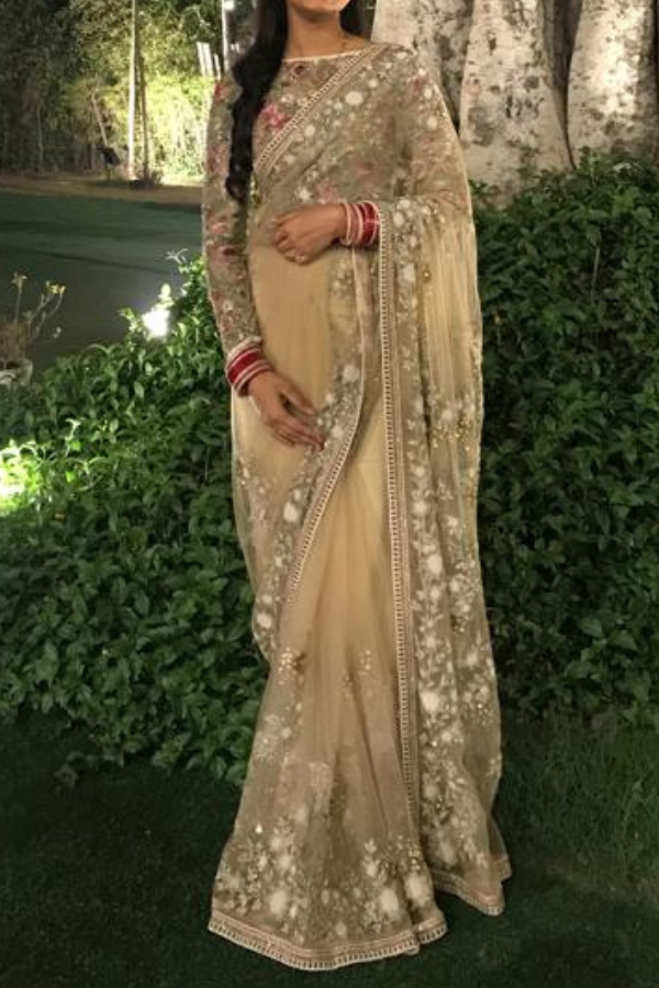 Varun Bahl Signature Beige Floral Embroidered Saree