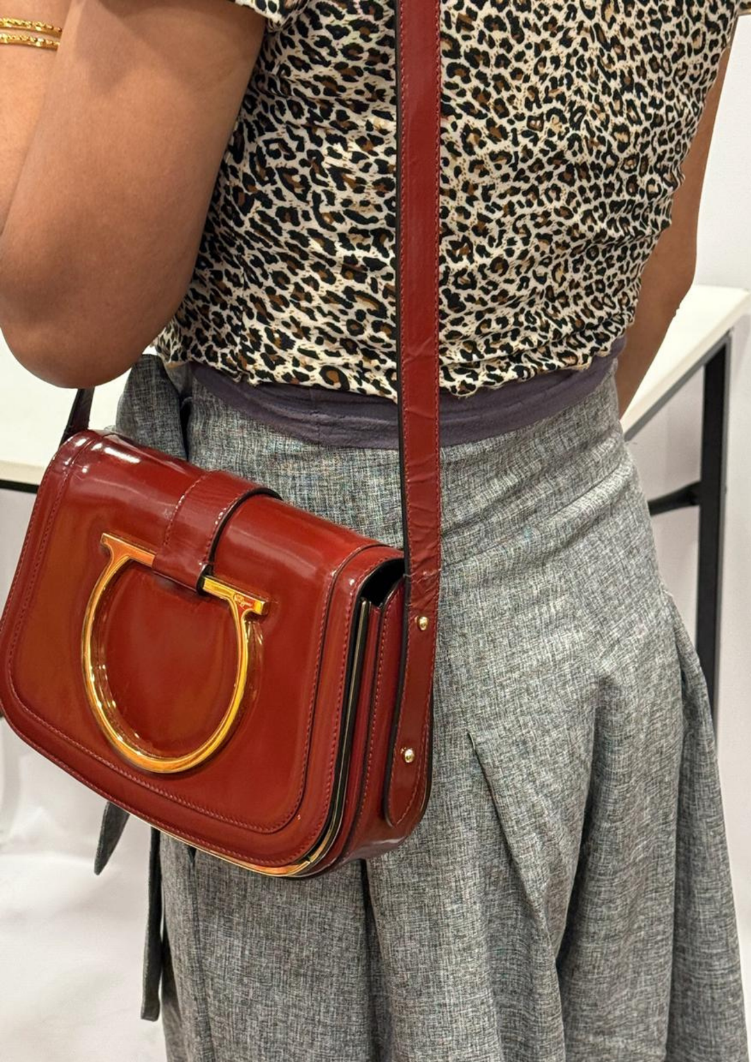 Salvatore Ferragamo Burgundy Patent Leather Gancini Flap Shoulder Bag