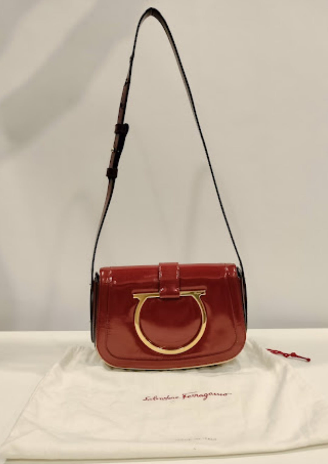 Salvatore Ferragamo Burgundy Patent Leather Gancini Flap Shoulder Bag