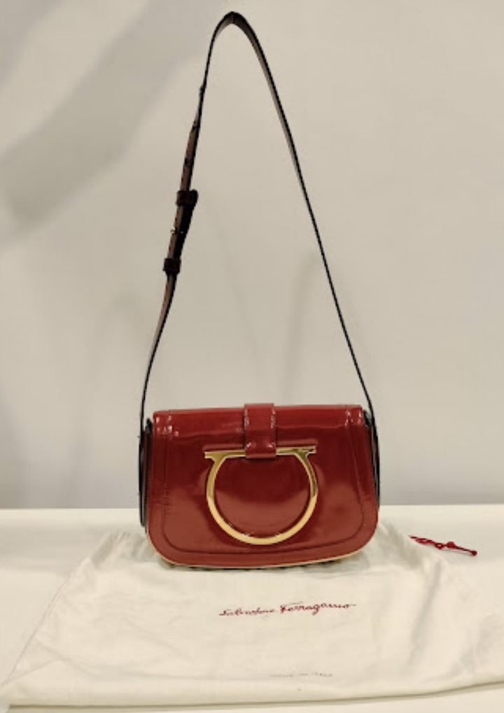 Salvatore Ferragamo Burgundy Patent Leather Gancini Flap Shoulder Bag