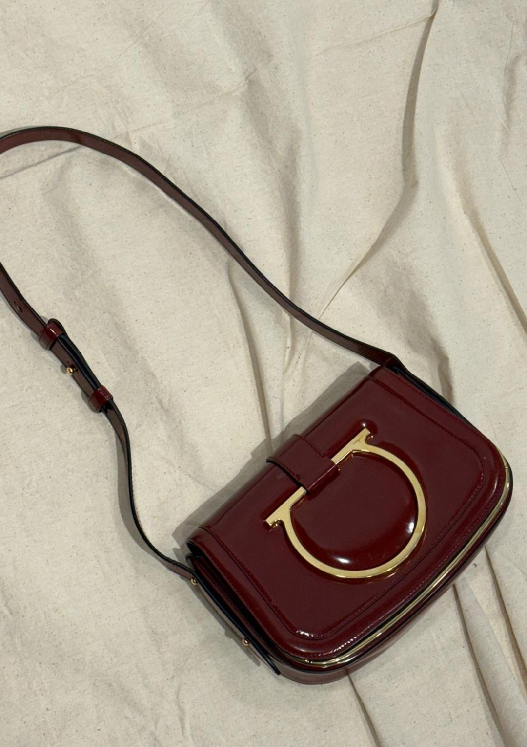 Salvatore Ferragamo Burgundy Patent Leather Gancini Flap Shoulder Bag