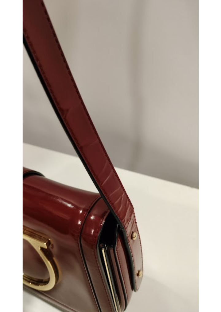 Salvatore Ferragamo Burgundy Patent Leather Gancini Flap Shoulder Bag