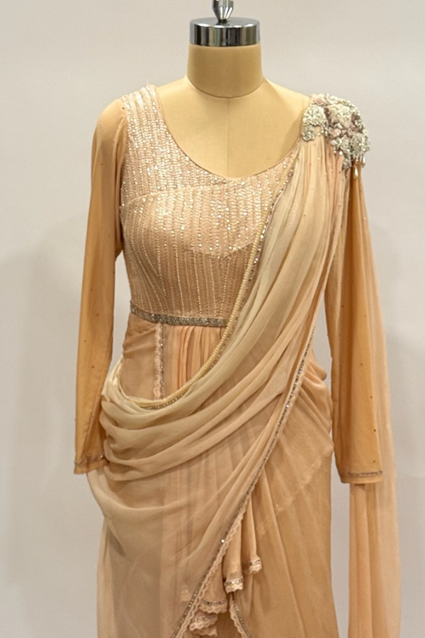 Tarun Tahiliani Peach Embellished Draped Gown