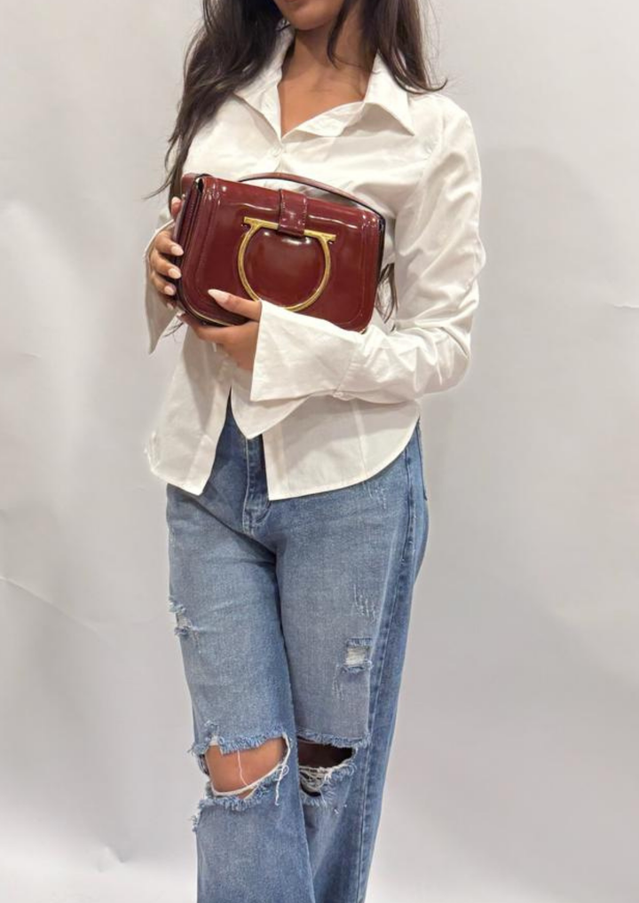 Salvatore Ferragamo Burgundy Patent Leather Gancini Flap Shoulder Bag