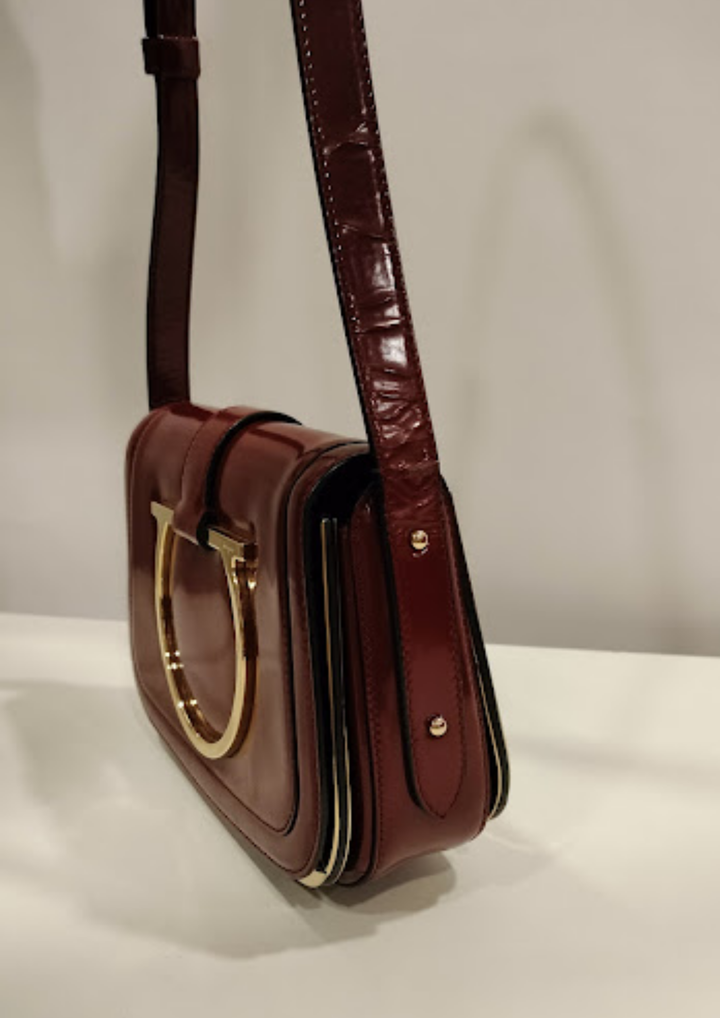 Salvatore Ferragamo Burgundy Patent Leather Gancini Flap Shoulder Bag