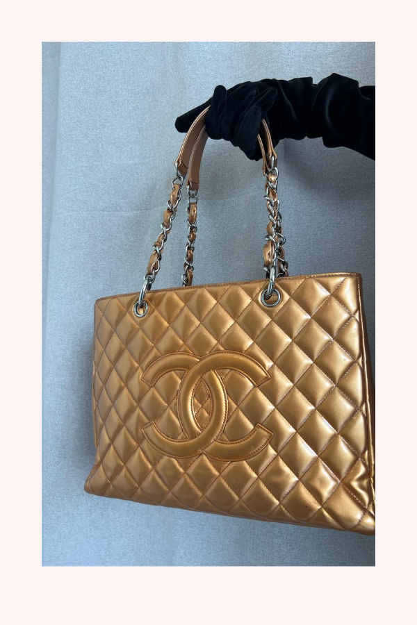 Chanel Metallic Patent Quilted Grand Shopping Tote