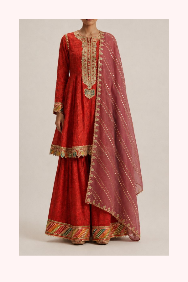 Rimple & Harpreet Red Embroidered Anarkali & Sharara Set