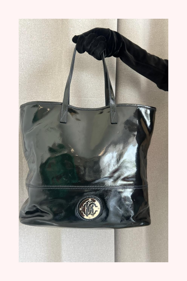 Roberto Cavalli Black Patent Leather Logo Tote