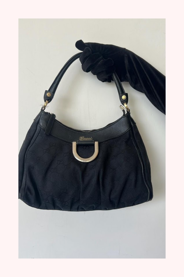 Gucci Black GG Canvas D Gold Hobo Bag