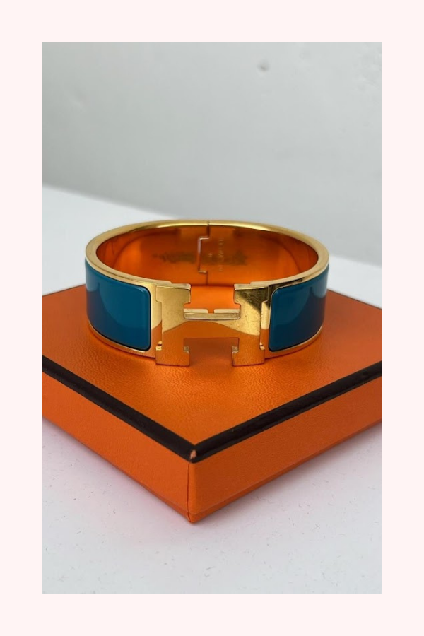 Hermes Enamel Clic H Hinged Blue Bangle Bracelet