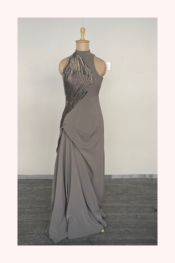 Gaurav Gupta Grey Drape Gown with Metallic Embellishment