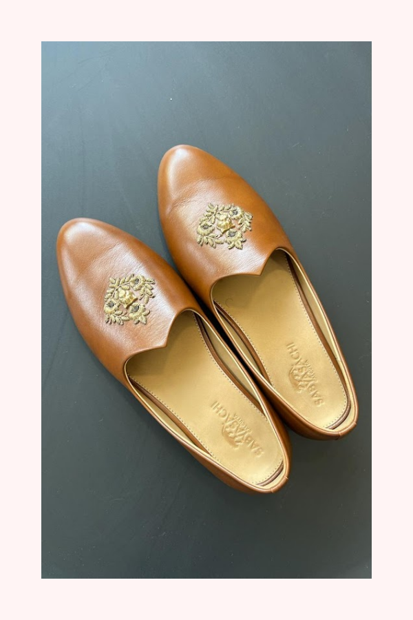 Sabyasachi Tan Leather Embroidered Loafers – Size 44