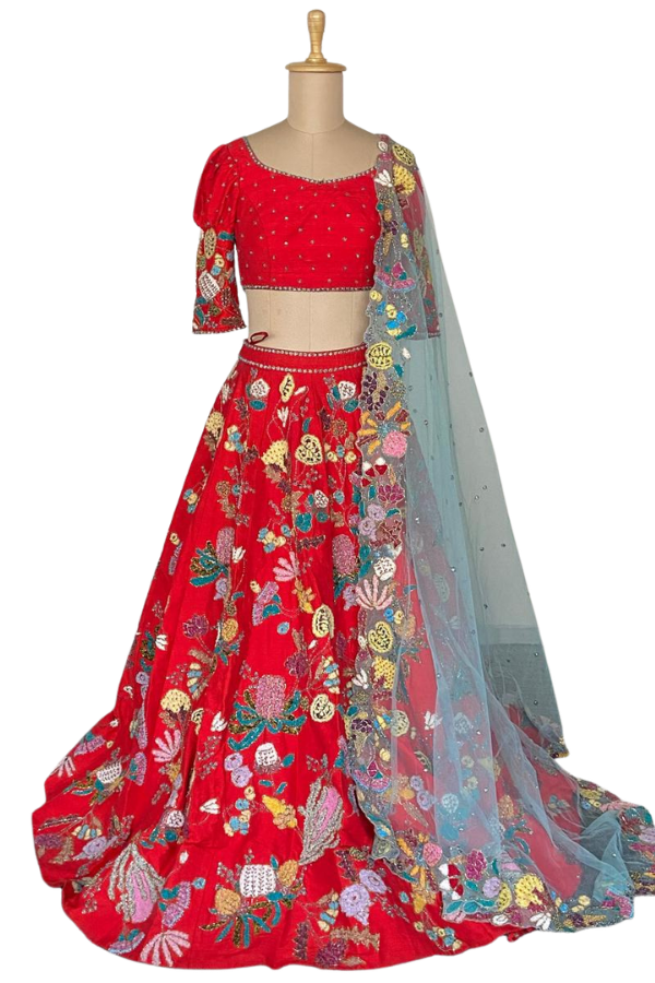 Aisha Rao Scarlet Floral Embroidered Lehenga Set