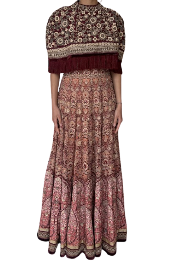 Tarun Tahiliani Printed Long Dress Set with Embellished Cape