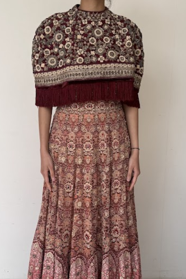 Tarun Tahiliani Printed Long Dress Set with Embellished Cape