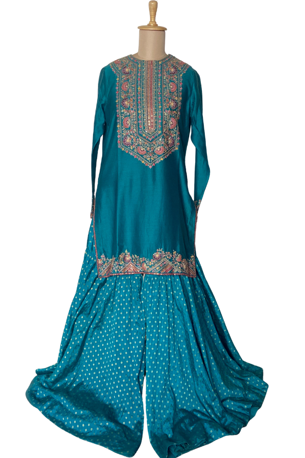 Petticoat Lane by Divya Teal Embroidered Sharara Set with Cape