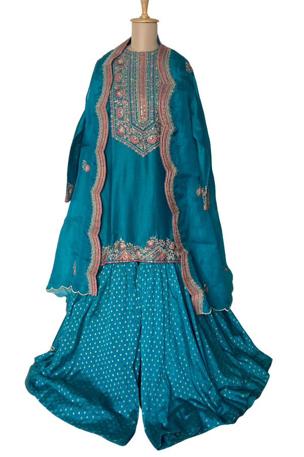 Petticoat Lane by Divya Teal Embroidered Sharara Set with Cape