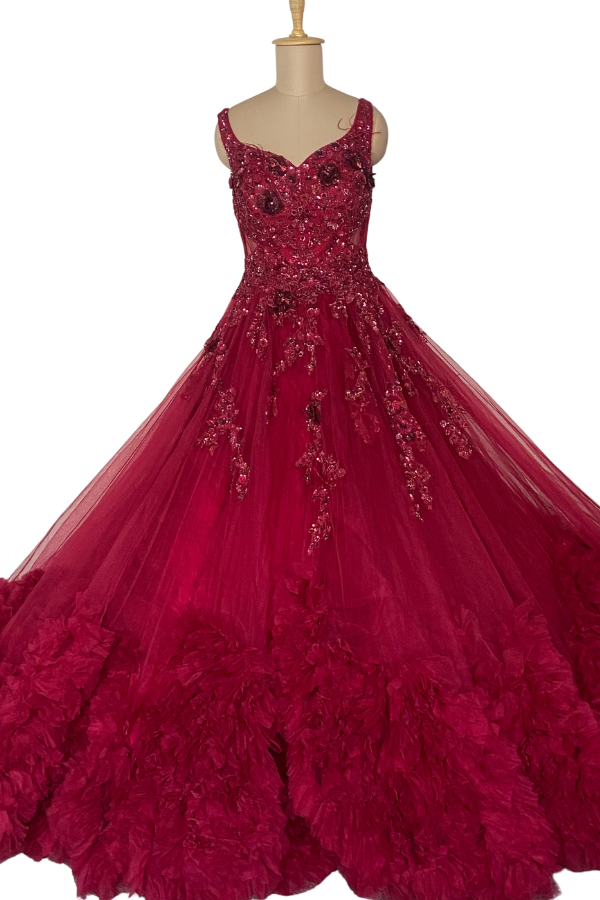 Dolly J Wine Red Embellished Tulle Ball Gown